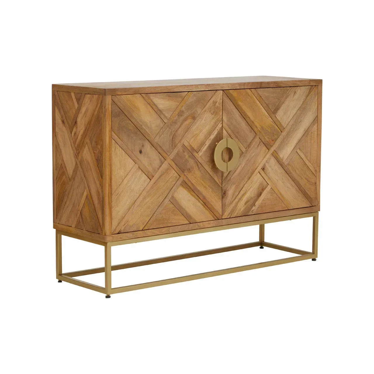 Modern wood sideboard with herringbone doors and gold metal frame, angled front view