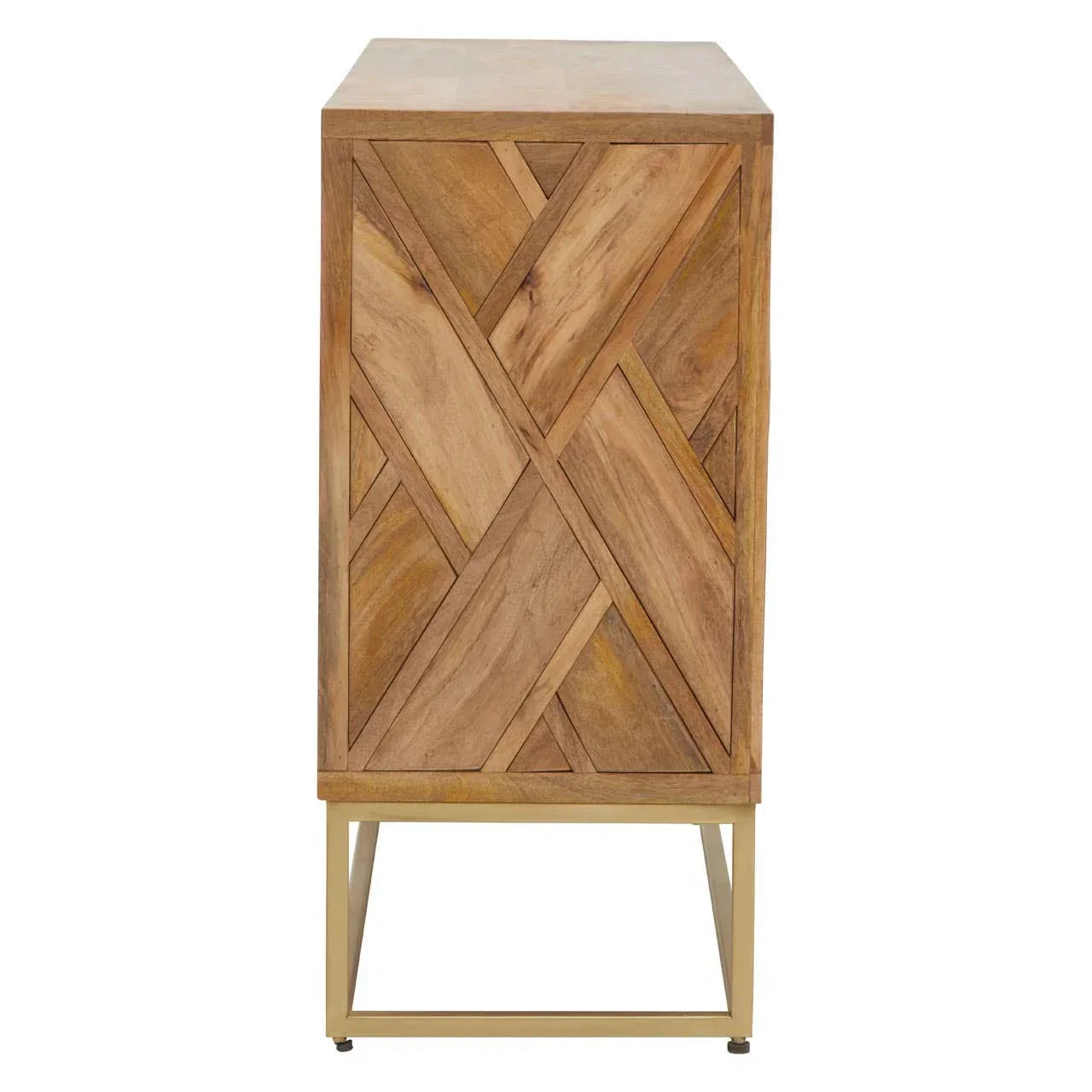 Side view of wooden sideboard with geometric paneling and gold metal legs