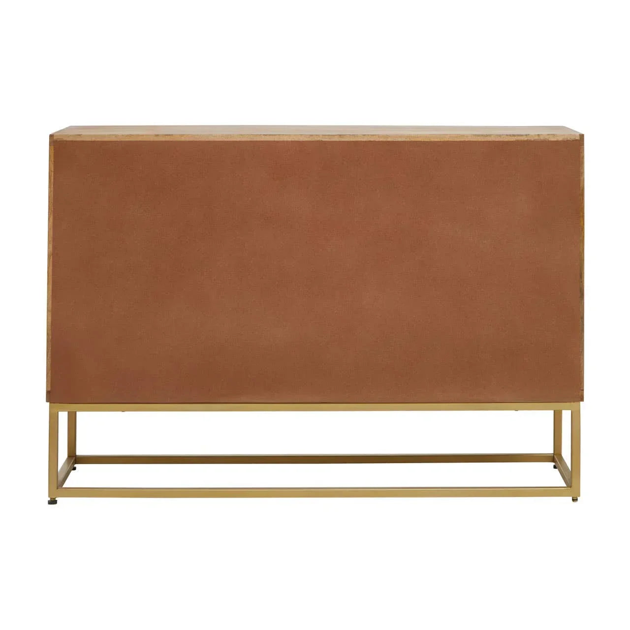 Brown suede sideboard with gold metal frame, rear view