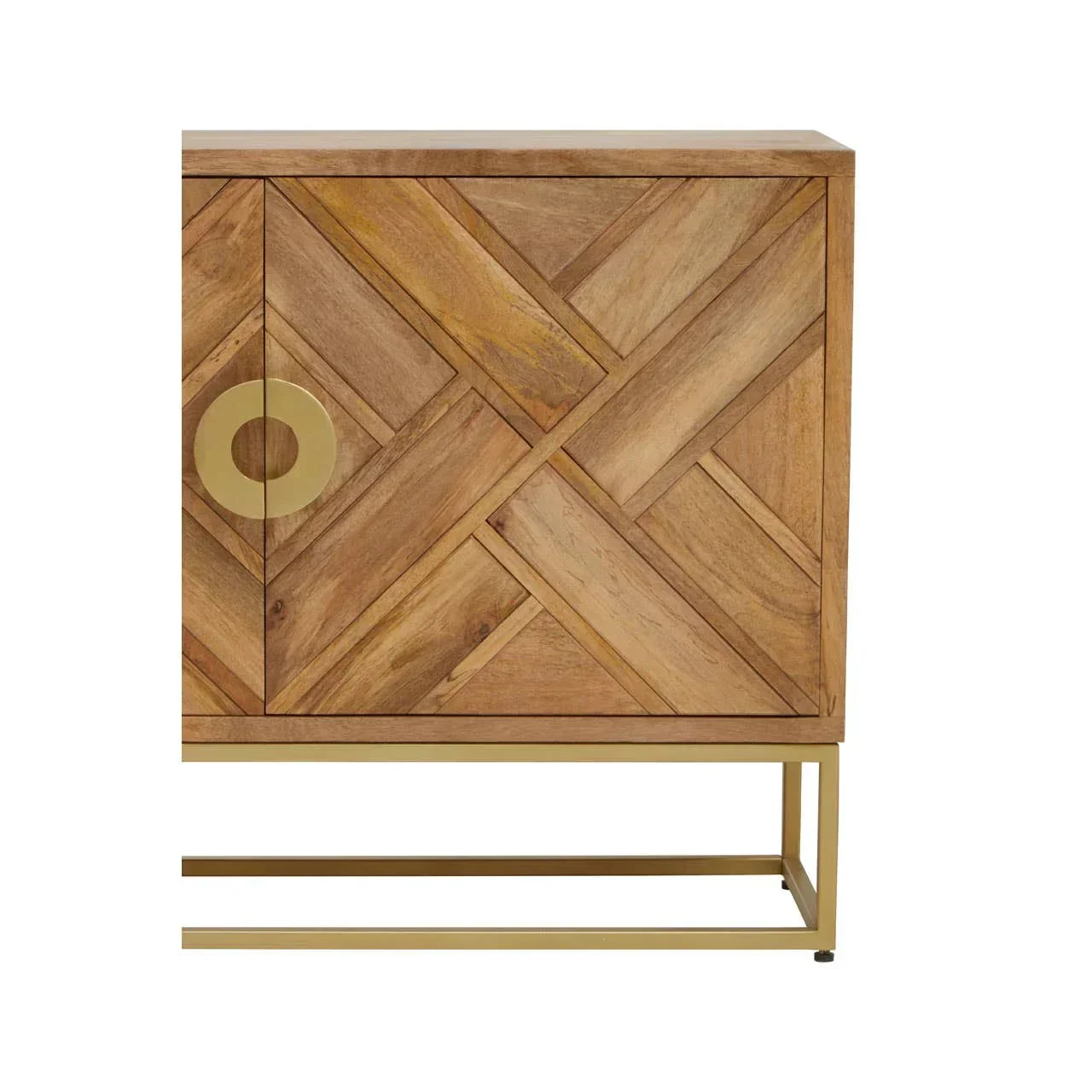 Wooden sideboard cabinet with geometric pattern and brass legs, left side view