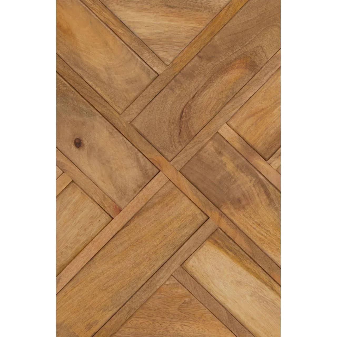 Close view of wooden table top with geometric parquet pattern and natural grain finish