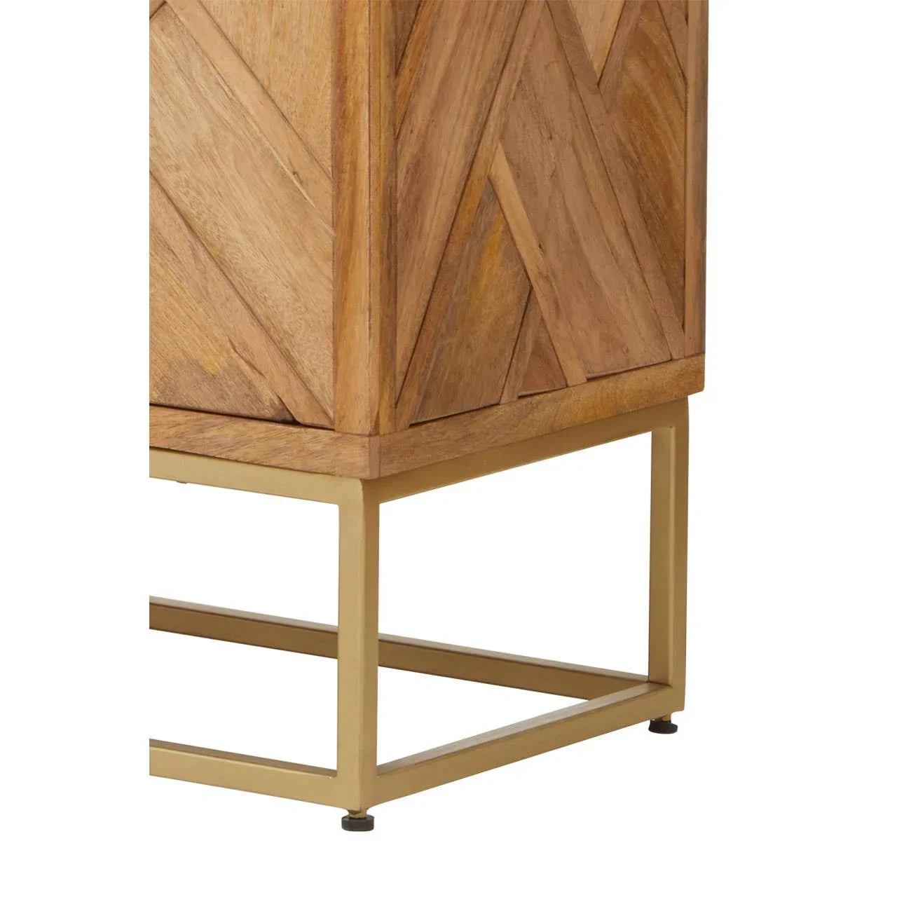 Chevron wood cabinet detail with brass metal frame base