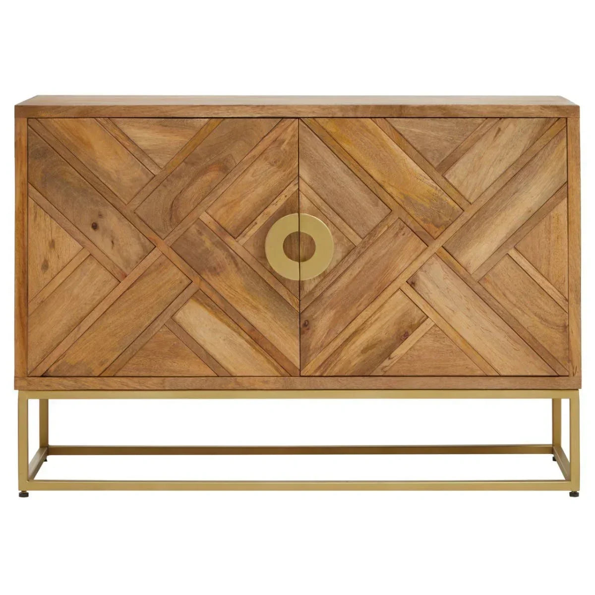 Wooden sideboard with geometric carved doors and gold metal base