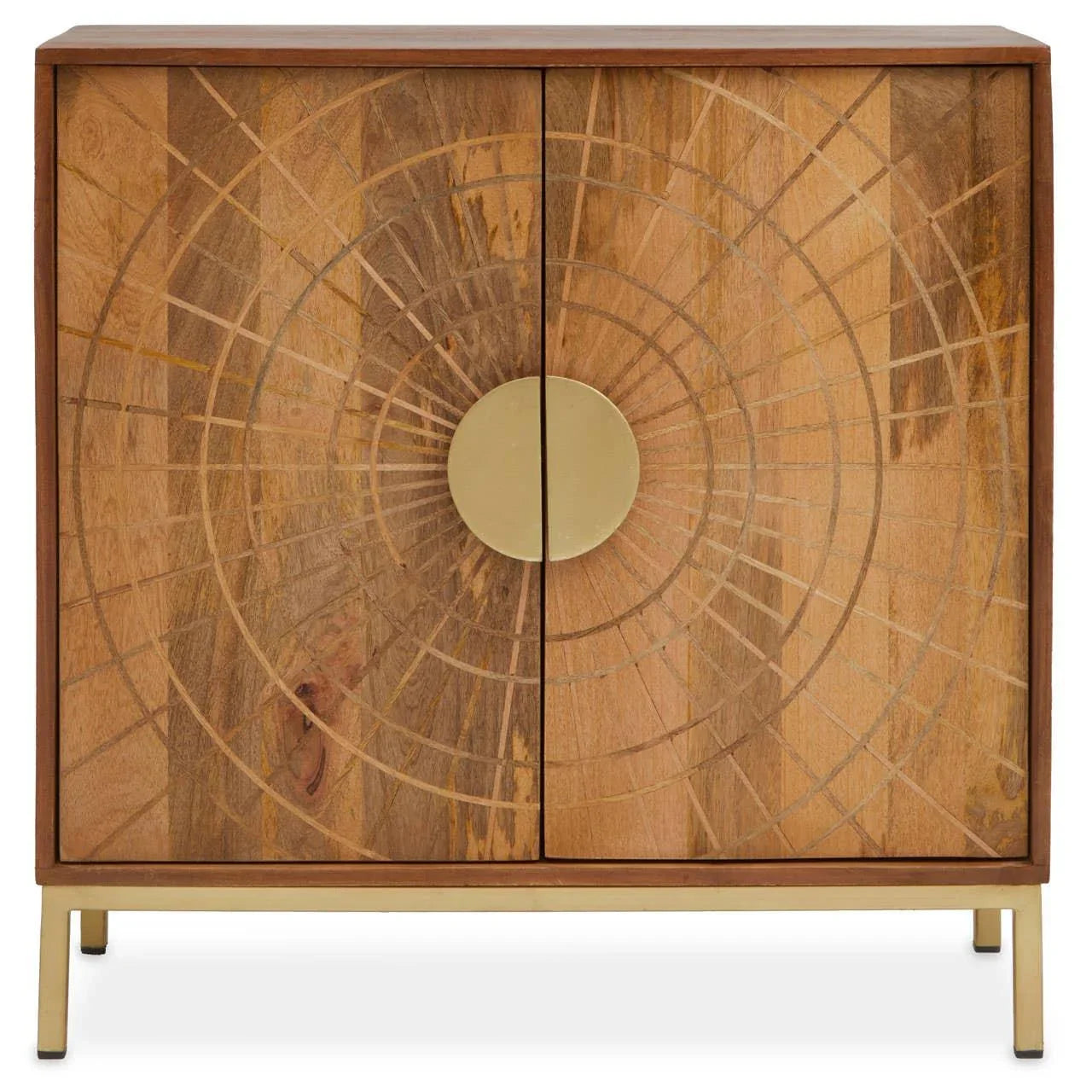 Wooden sideboard cabinet with circular gold inlay design and brass handles on gold legs