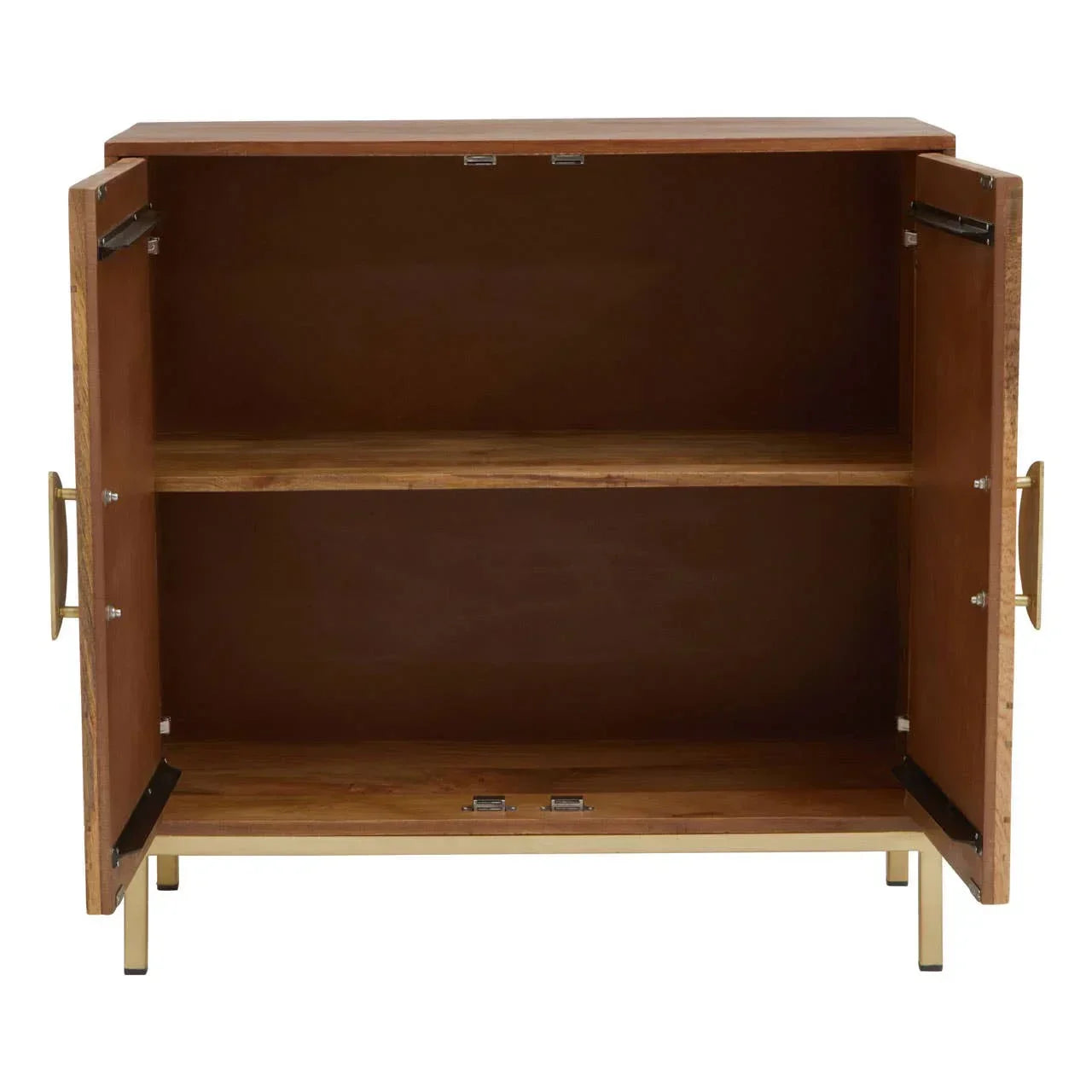 Wooden storage cabinet with gold handles, open doors, and central interior shelf