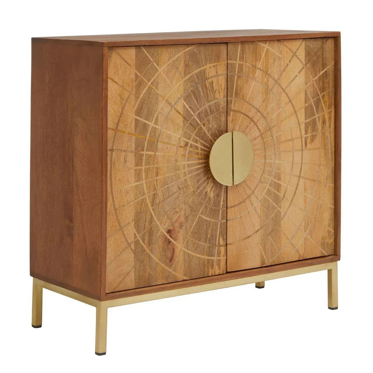 Wooden sideboard with gold geometric pattern, round gold handles, and metal legs