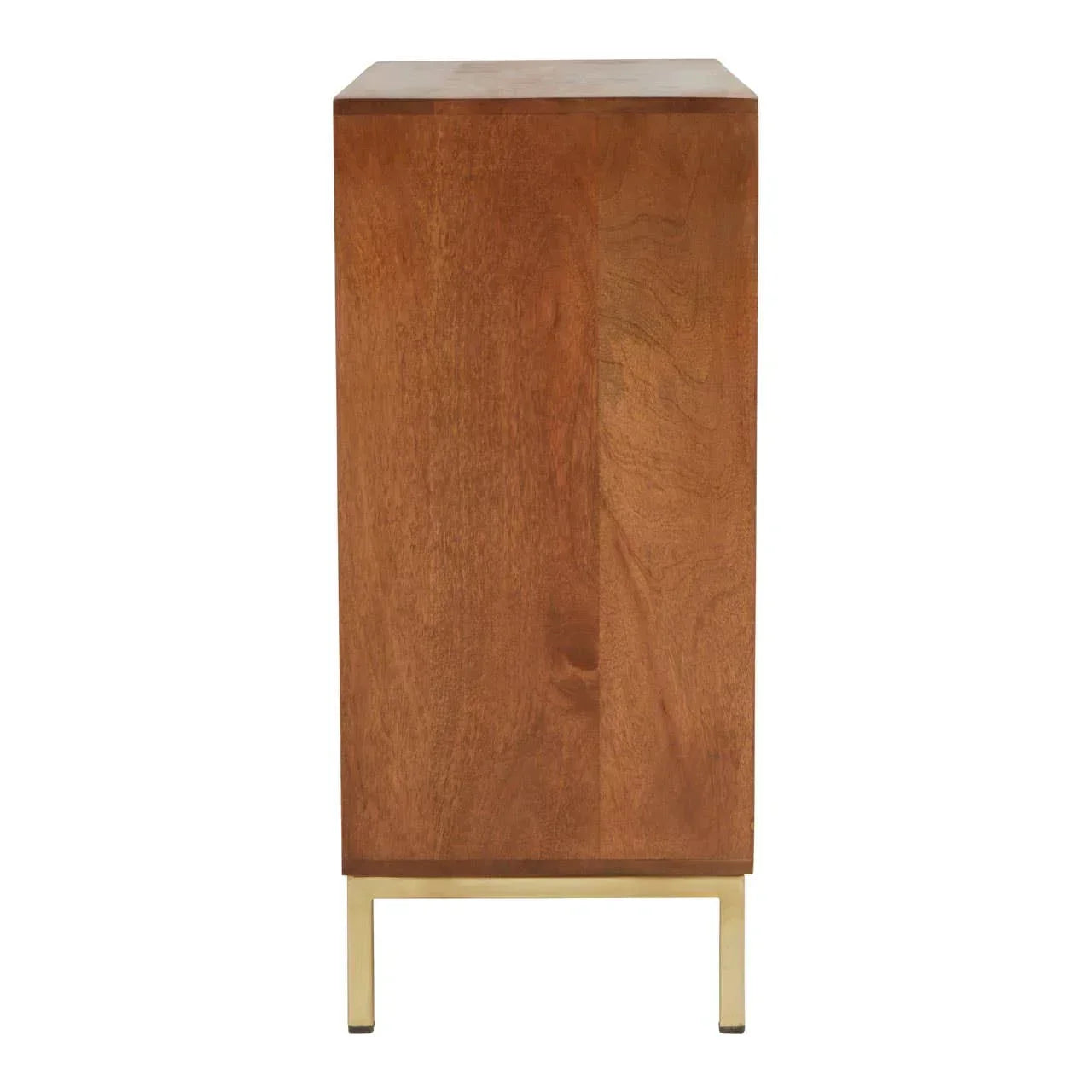 Side view of wooden cabinet with gold metal legs
