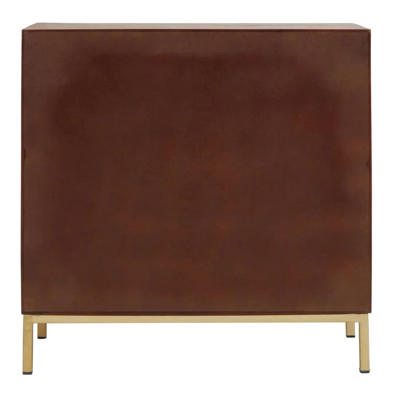 Back view of brown wooden sideboard with gold metal legs