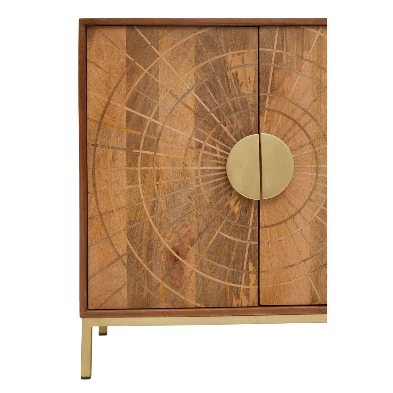 Wooden sideboard cabinet with gold sunburst pattern and round metal handles on gold legs