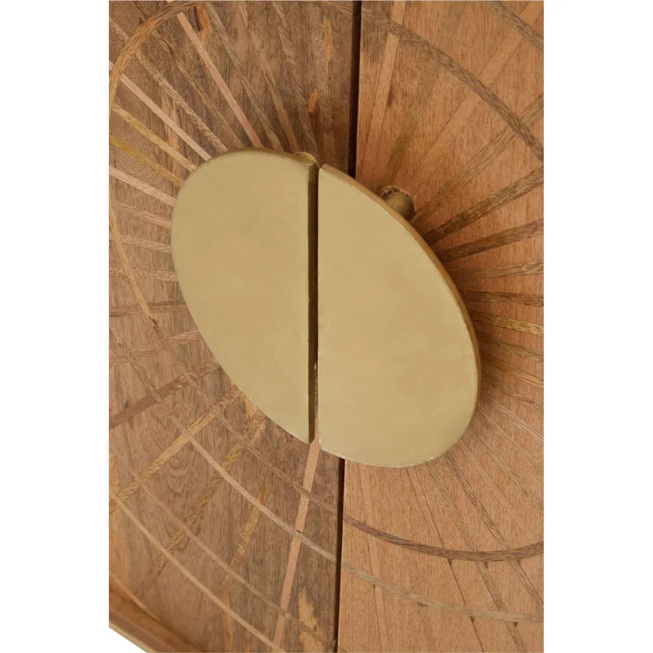 Closeup of wooden cabinet doors with brass sunburst handle detail