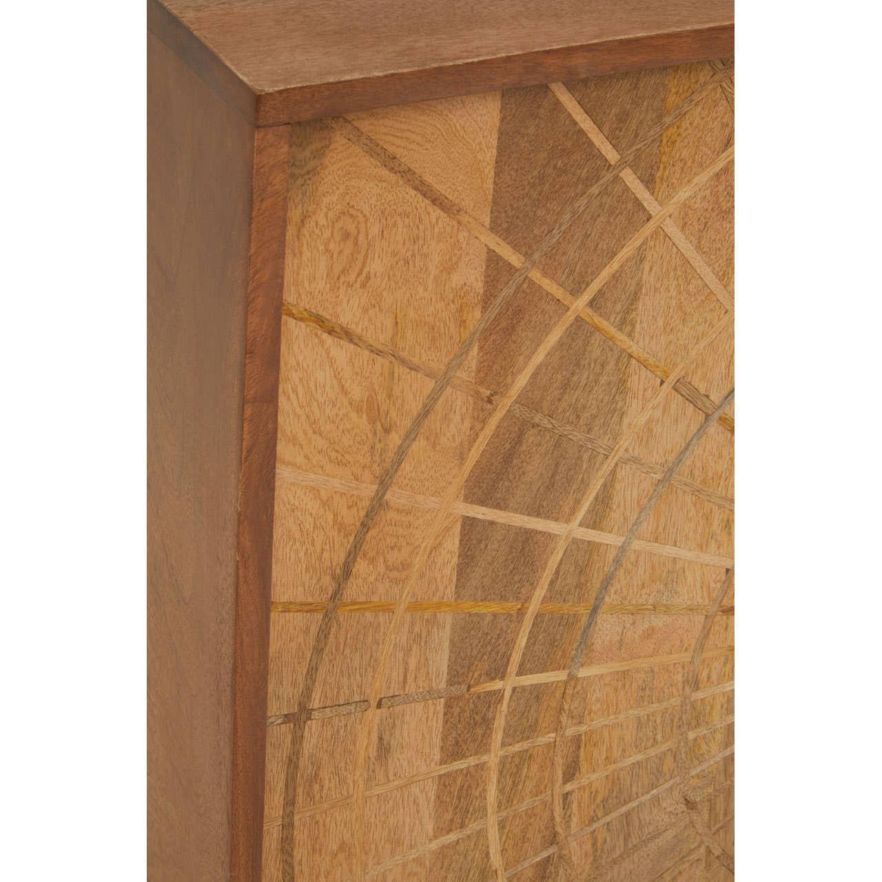 Mango wood cabinet corner with etched geometric pattern and natural wood grain finish