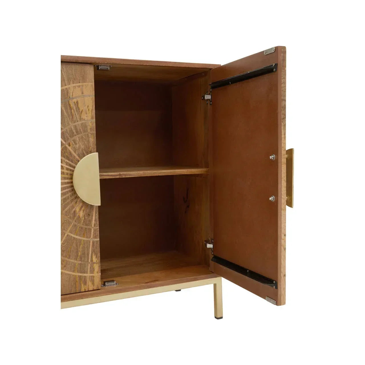 Wooden storage cabinet with open door, interior shelf, and gold metal detailing
