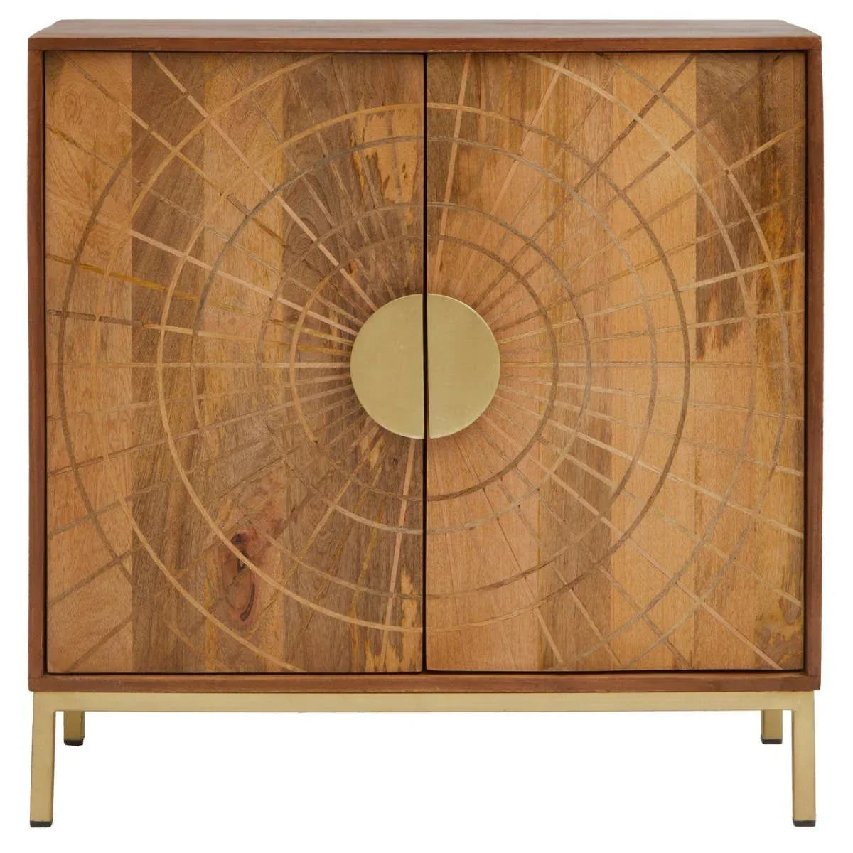 Wooden sideboard with gold geometric pattern and metal legs, front view