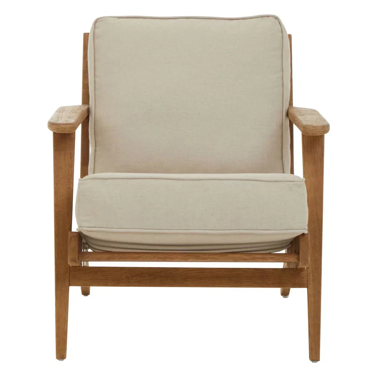 Beige cushioned armchair with wooden frame, front view