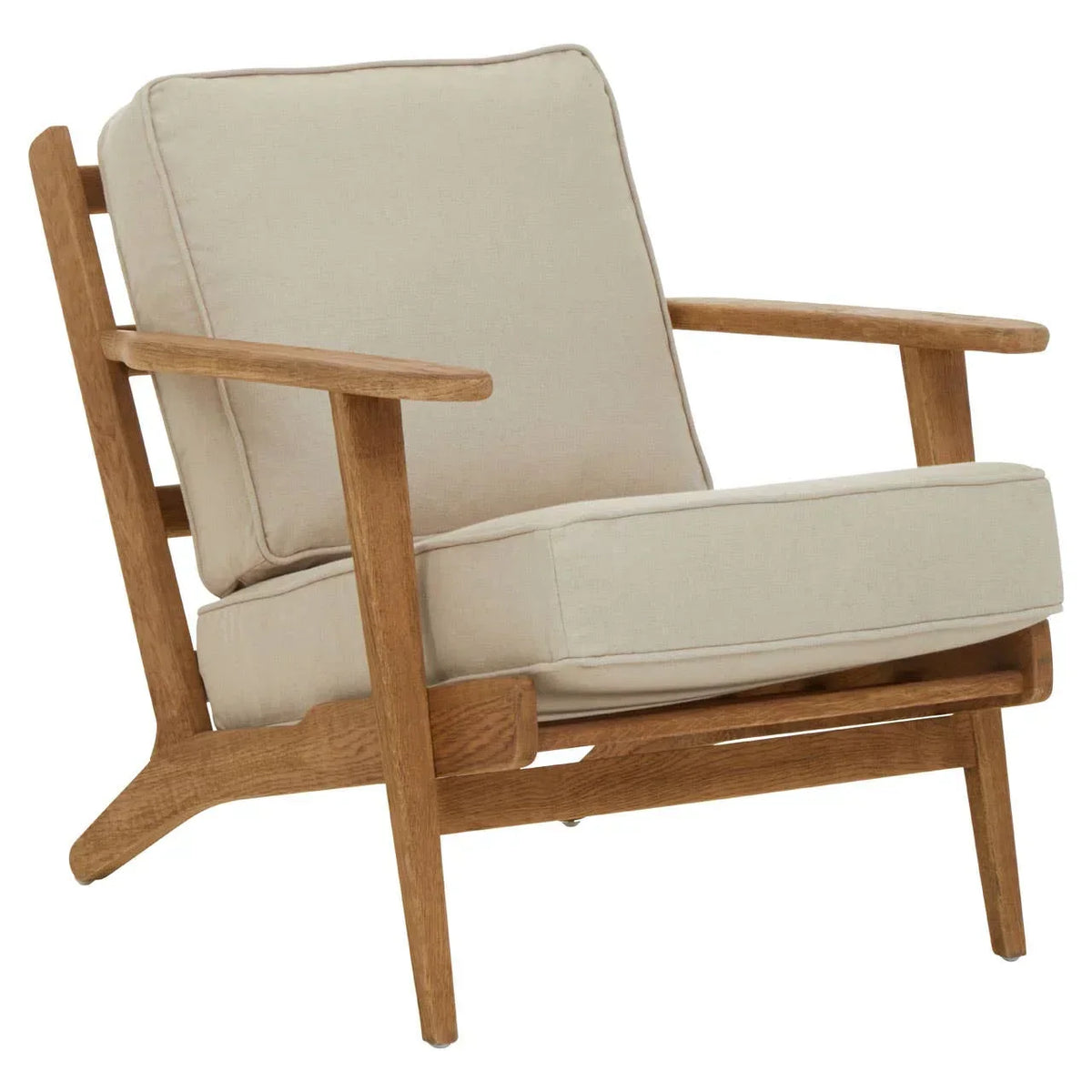 Beige cushioned armchair with light oak wood frame, angled view