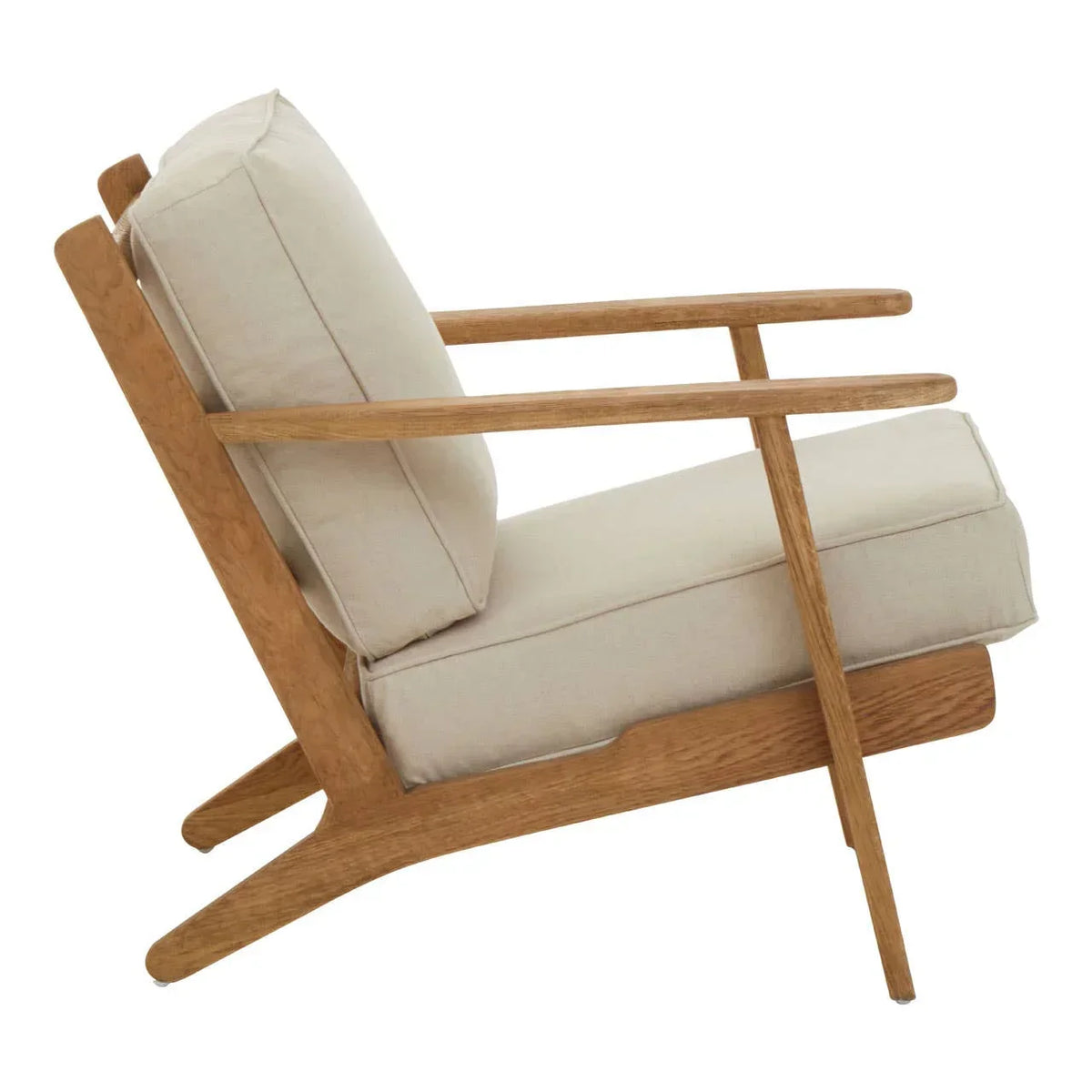 Beige cushioned armchair with light oak wood frame side view