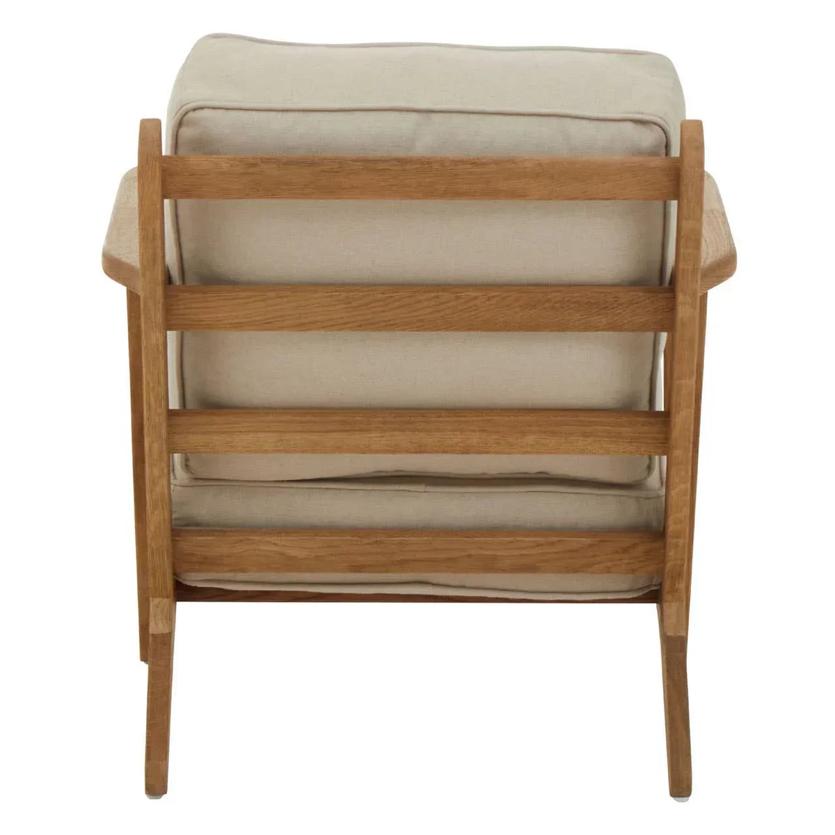 Rear view of wooden armchair with beige cushions and slatted backrest