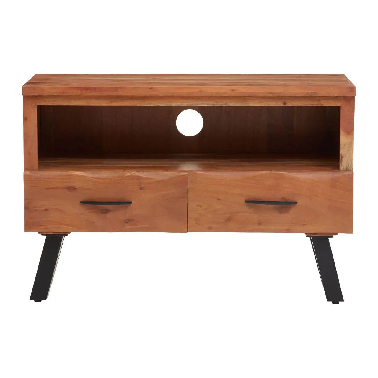 Wooden TV stand with open shelf, two drawers, black handles and angled metal legs