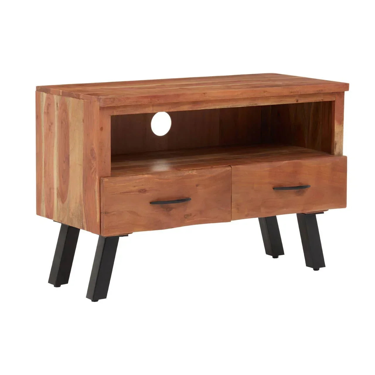 Wood TV unit with two drawers, open shelf, cable hole, and black angled legs