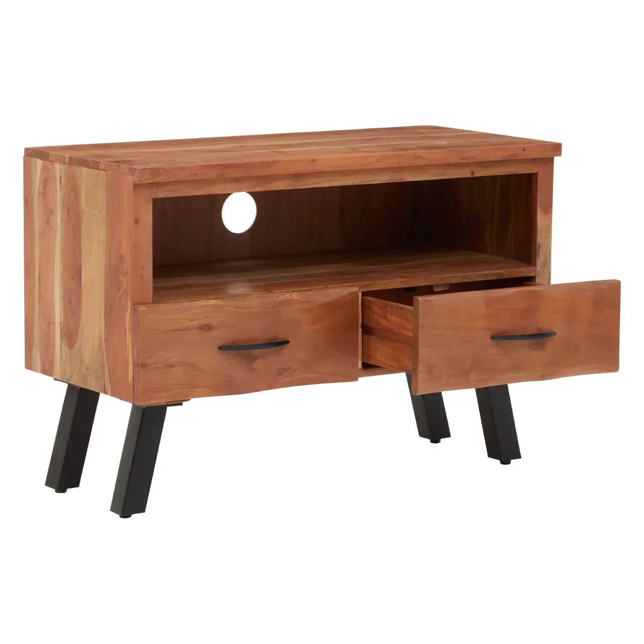 Wood TV unit with black legs, open storage shelf, cable hole and two drawers, one open