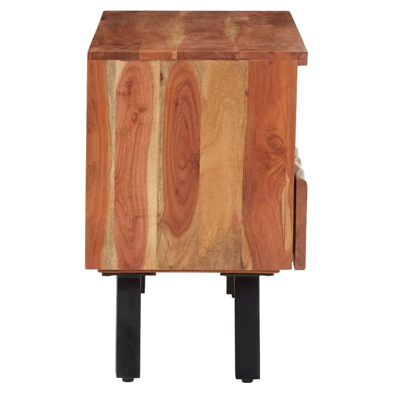 Side view of wooden cabinet with natural grain and black metal legs