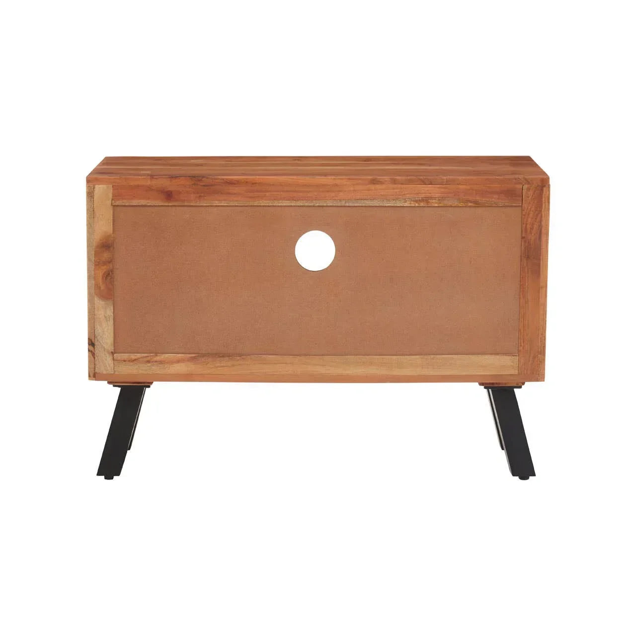 Wooden TV unit with open cable hole and black metal legs, front view