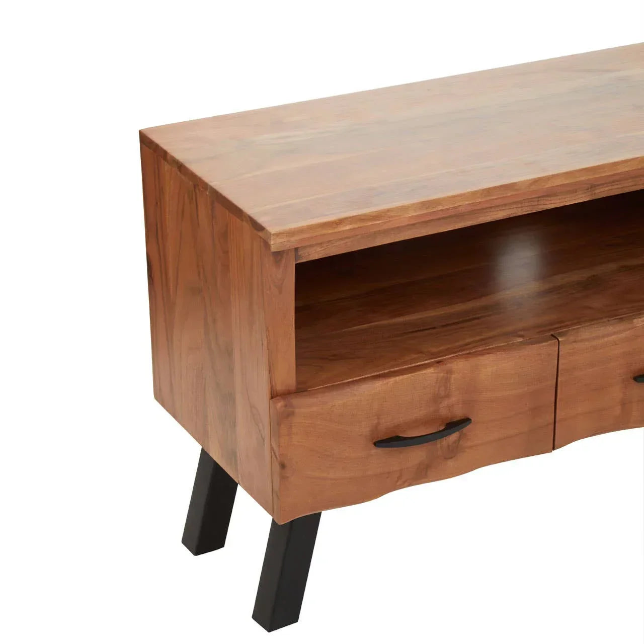 Solid wood TV unit with open shelf, two drawers, black metal handles and angled legs