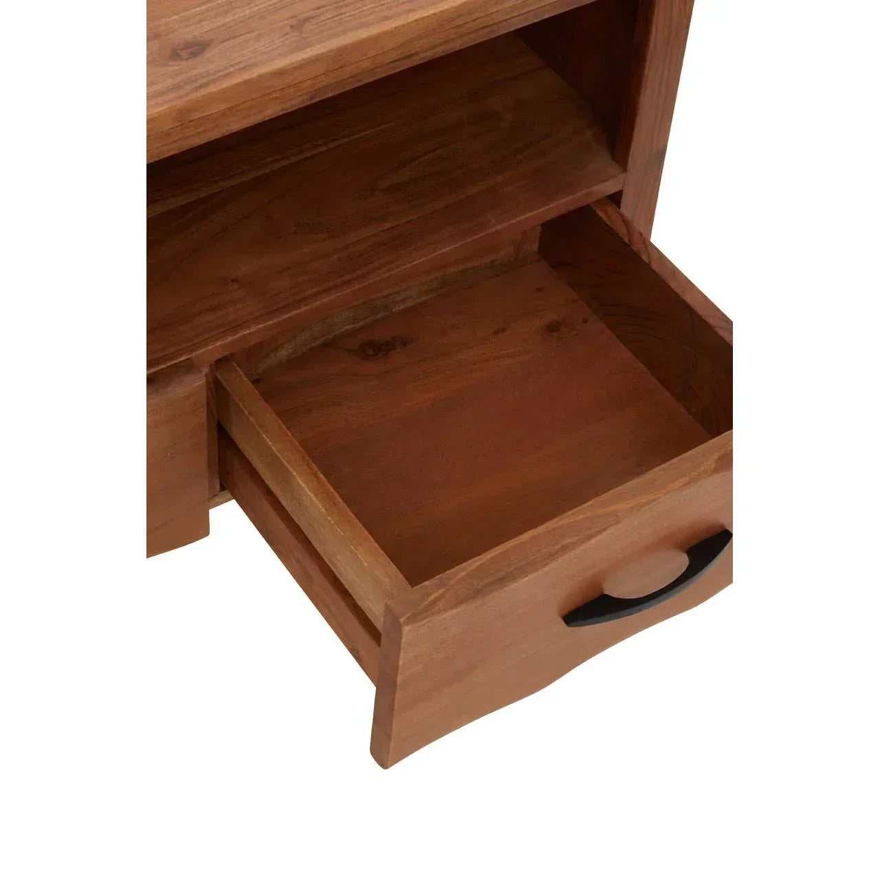 Wooden furniture drawer open showing storage space and black handle detail