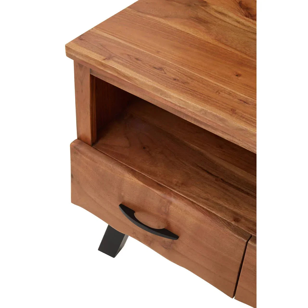 Wooden bedside table with open shelf and drawer, black handle and angled leg