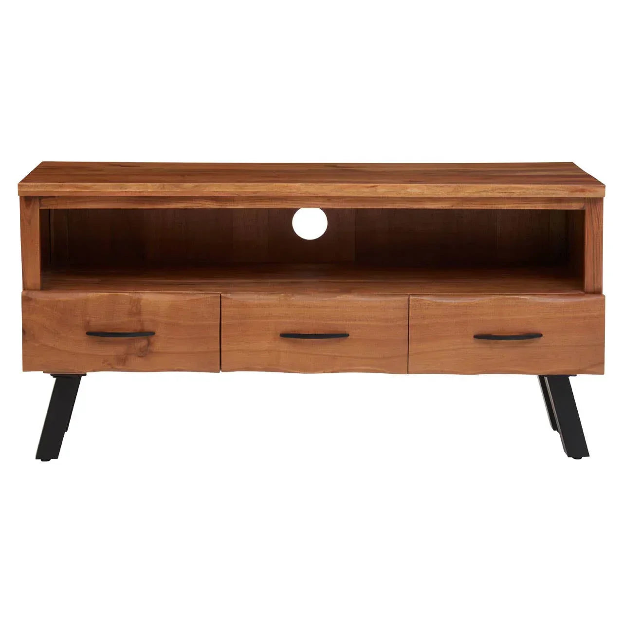 Wooden TV stand with open shelf, cable hole, three drawers and black angled legs