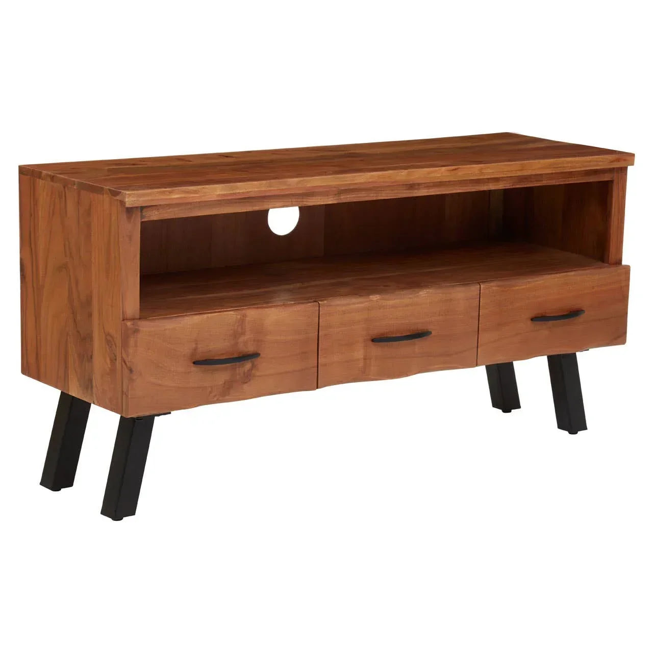 Wood TV unit with black legs, three drawers, and open shelf with cable hole