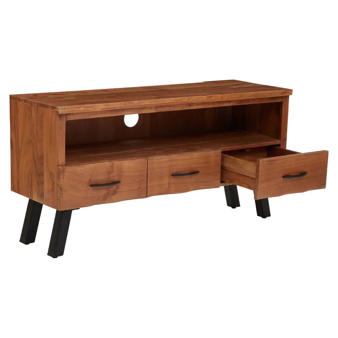Acacia wood TV unit with open shelf, cable hole, and two drawers on angled black legs