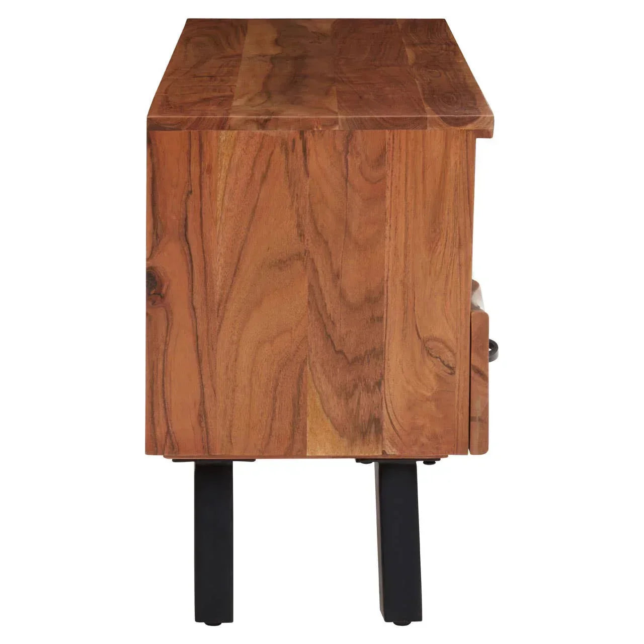 Side view of wooden sideboard with black metal legs