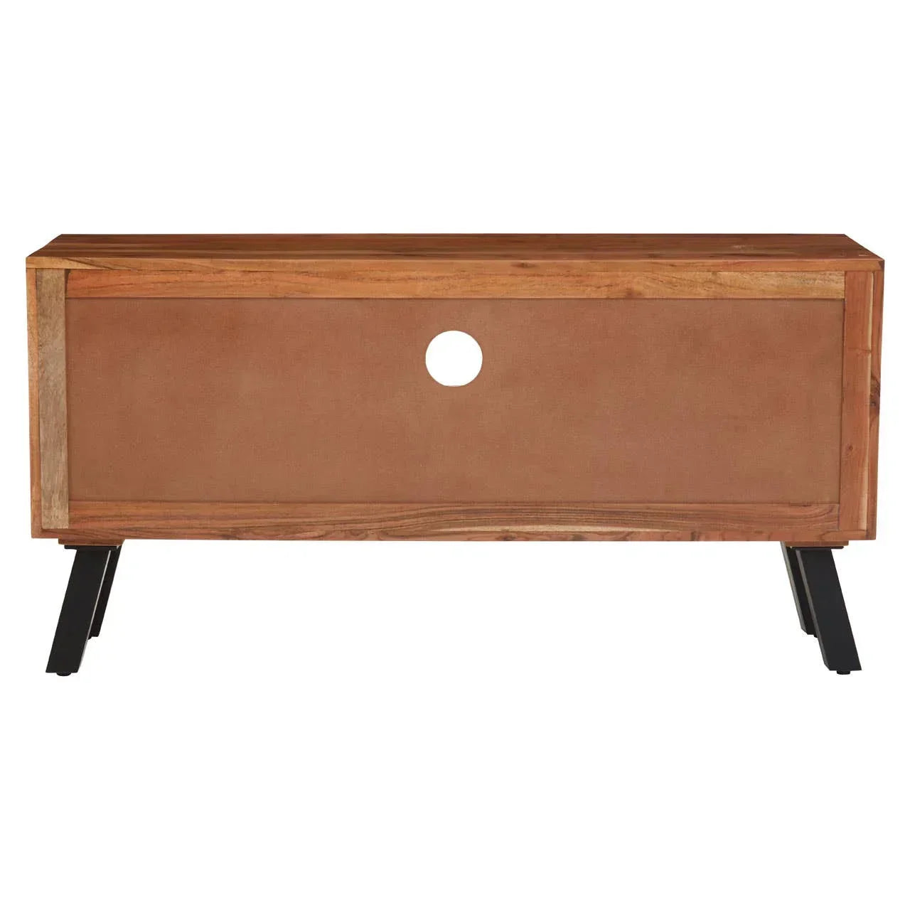 Wooden TV unit with brown front panel, cable management hole, and black metal legs