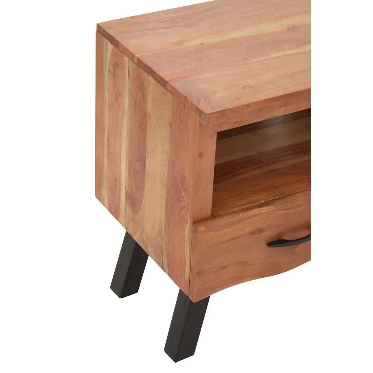 Wooden bedside table with open shelf, drawer and black metal legs, angled view