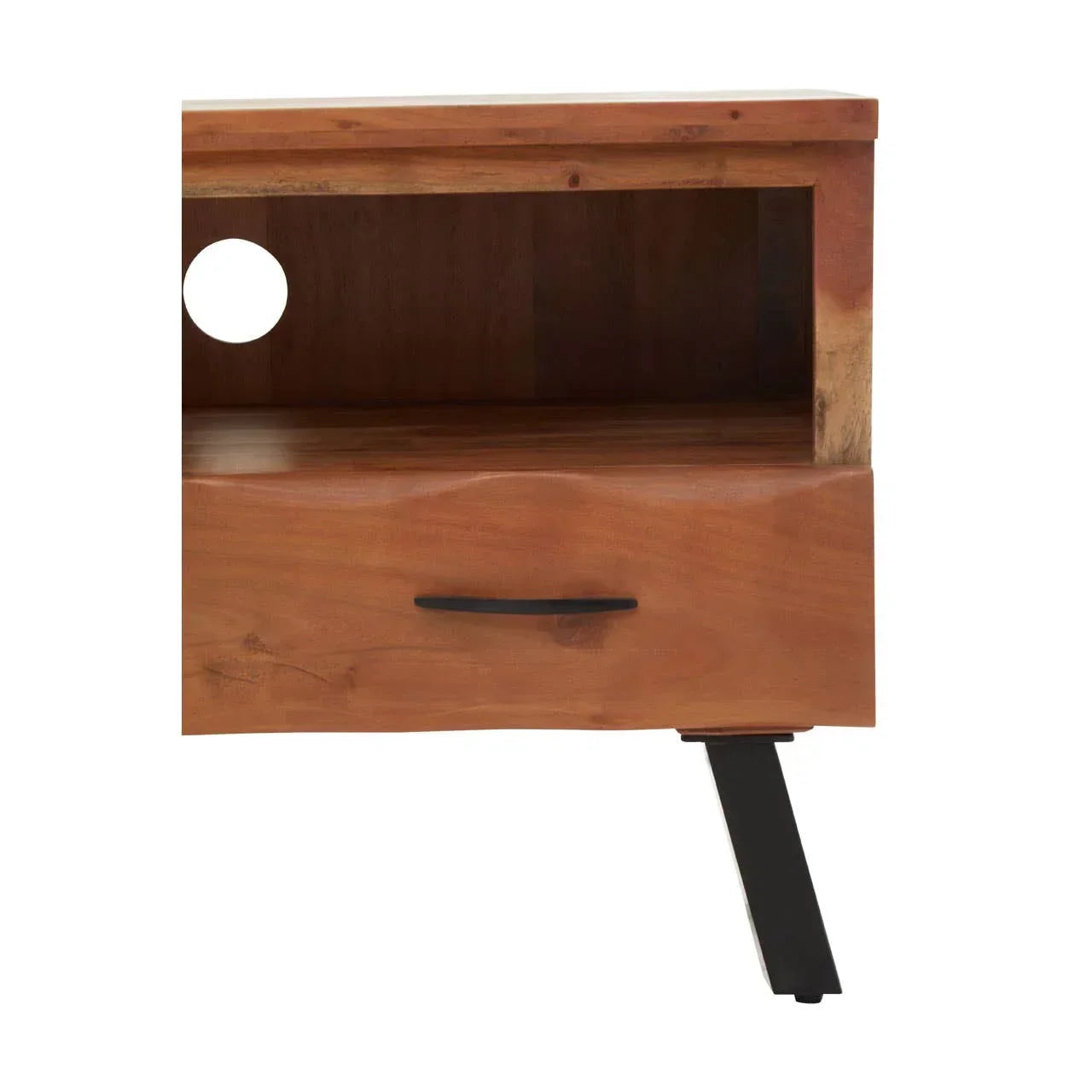Wooden TV unit corner with open shelf, round cable hole, drawer, and angled black leg