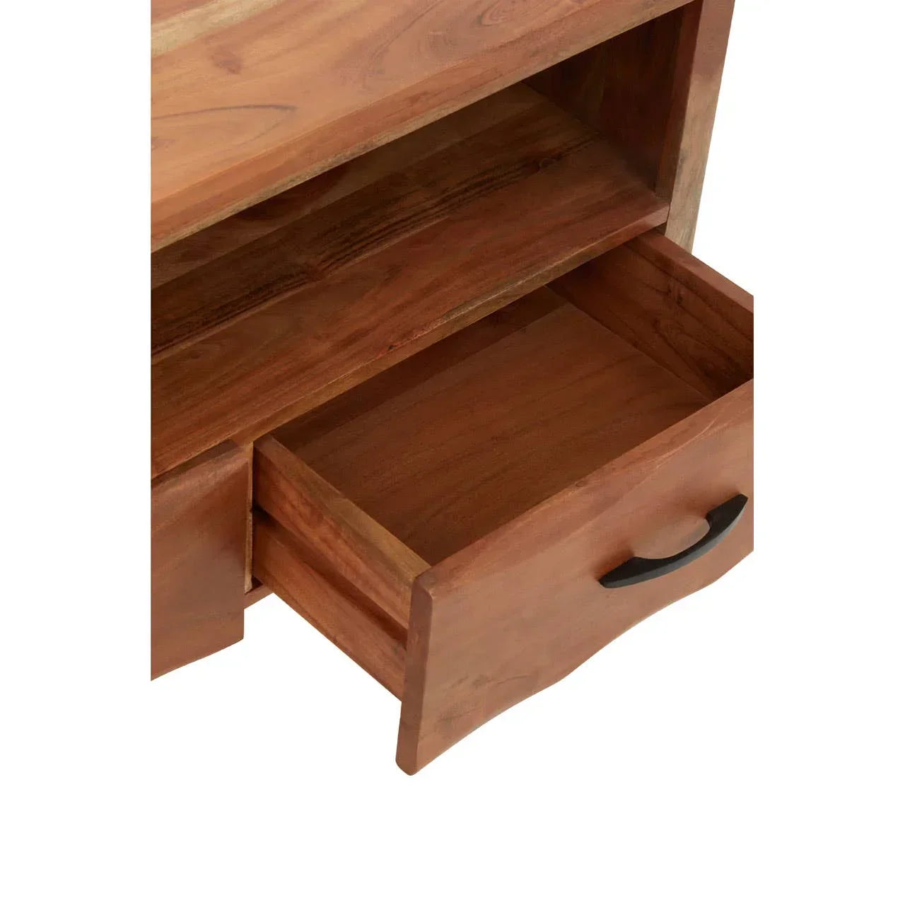 Solid wood furniture drawer with black handle and open shelf above