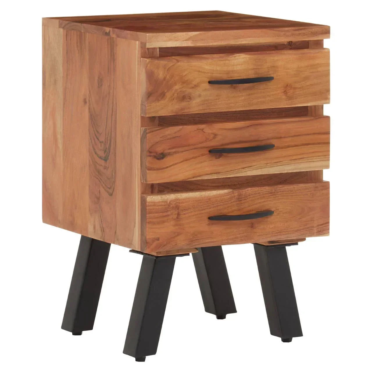 Three drawer acacia wood bedside table with black metal legs, modern design