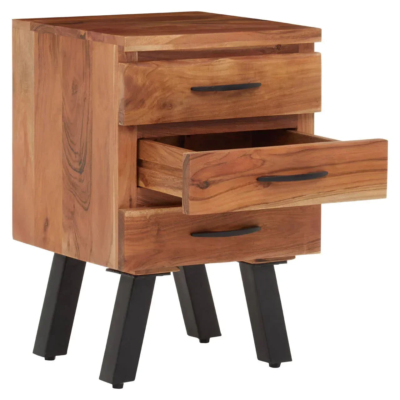 Solid wood bedside table with three drawers and black metal legs, one drawer open