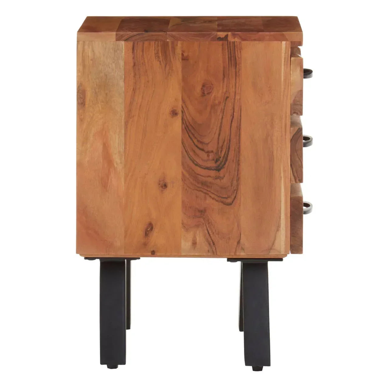 Side view of wooden bedside table with natural grain and black legs