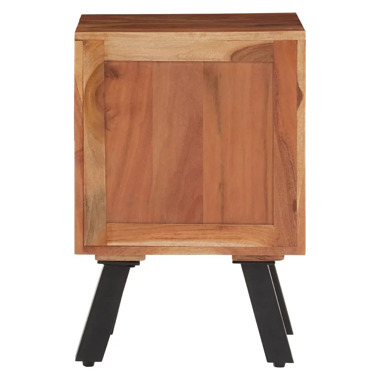 Wooden bedside table with black angled legs, front view