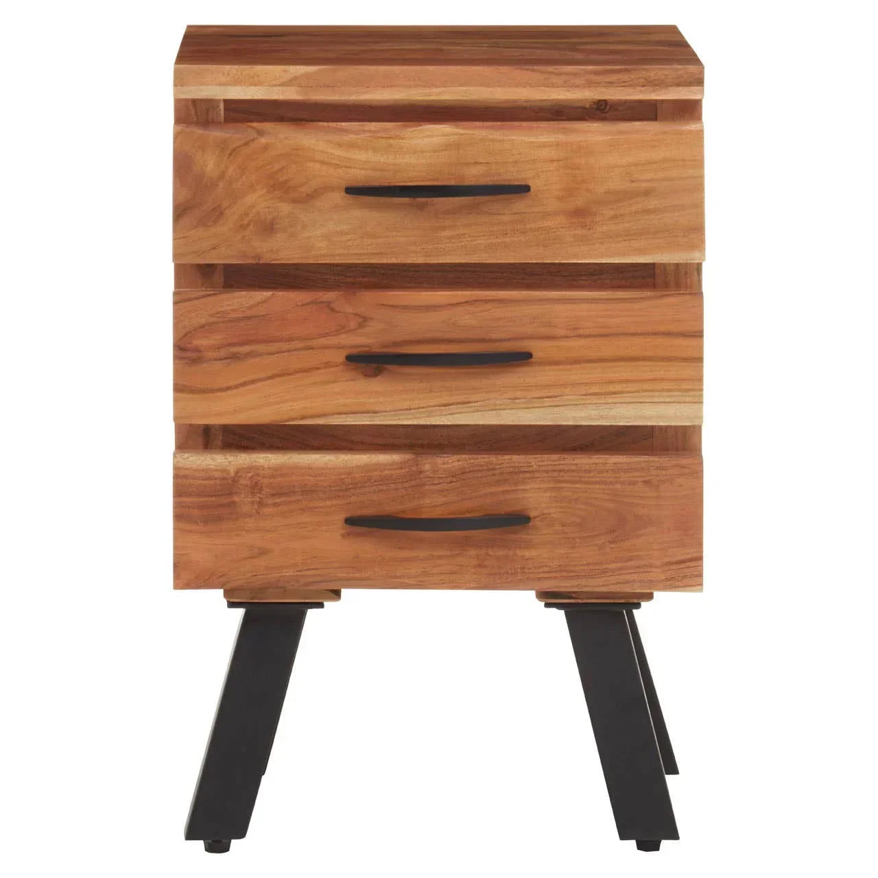 Three drawer wooden bedside table with black metal handles and angled legs