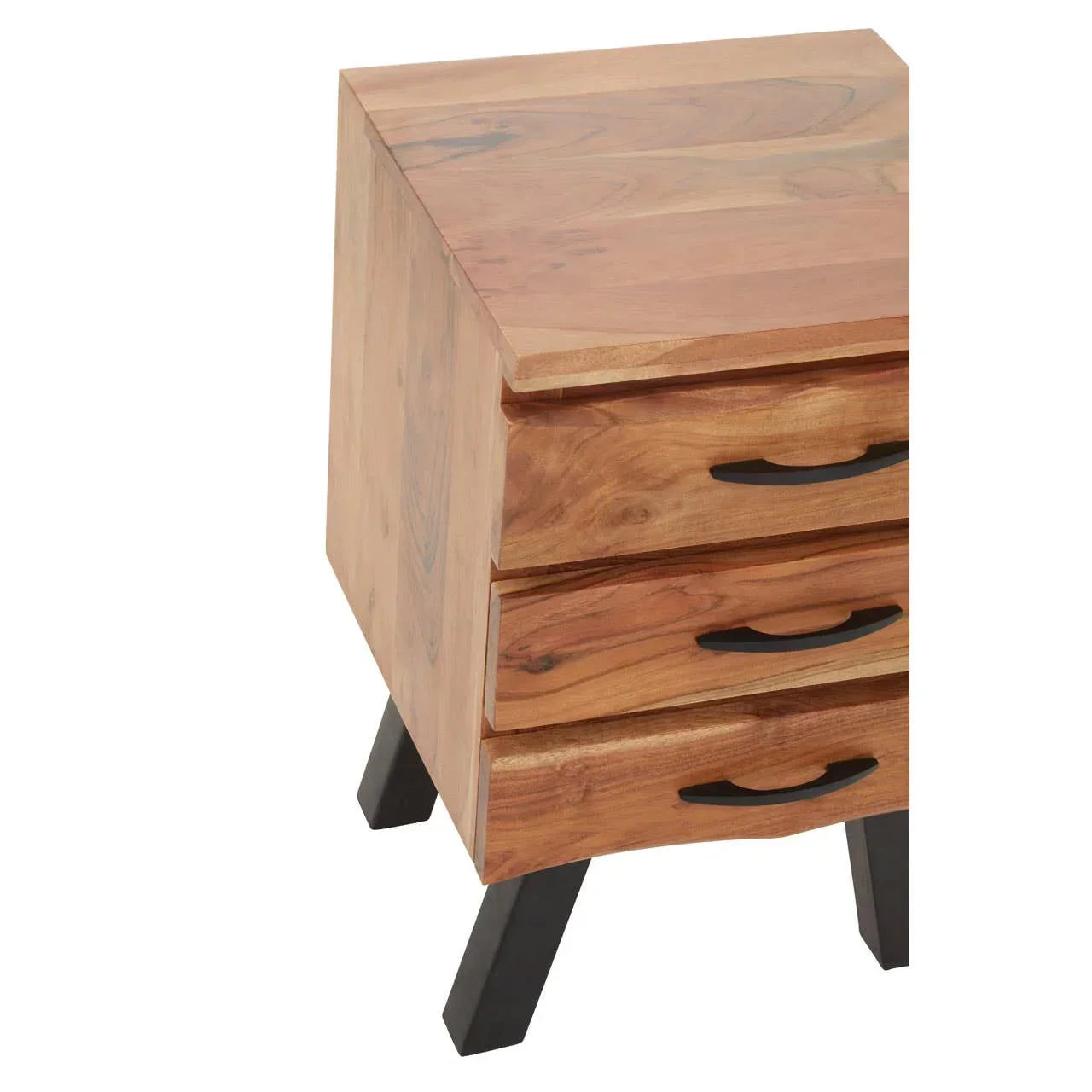 Three drawer wooden bedside table with black metal handles and angled black legs