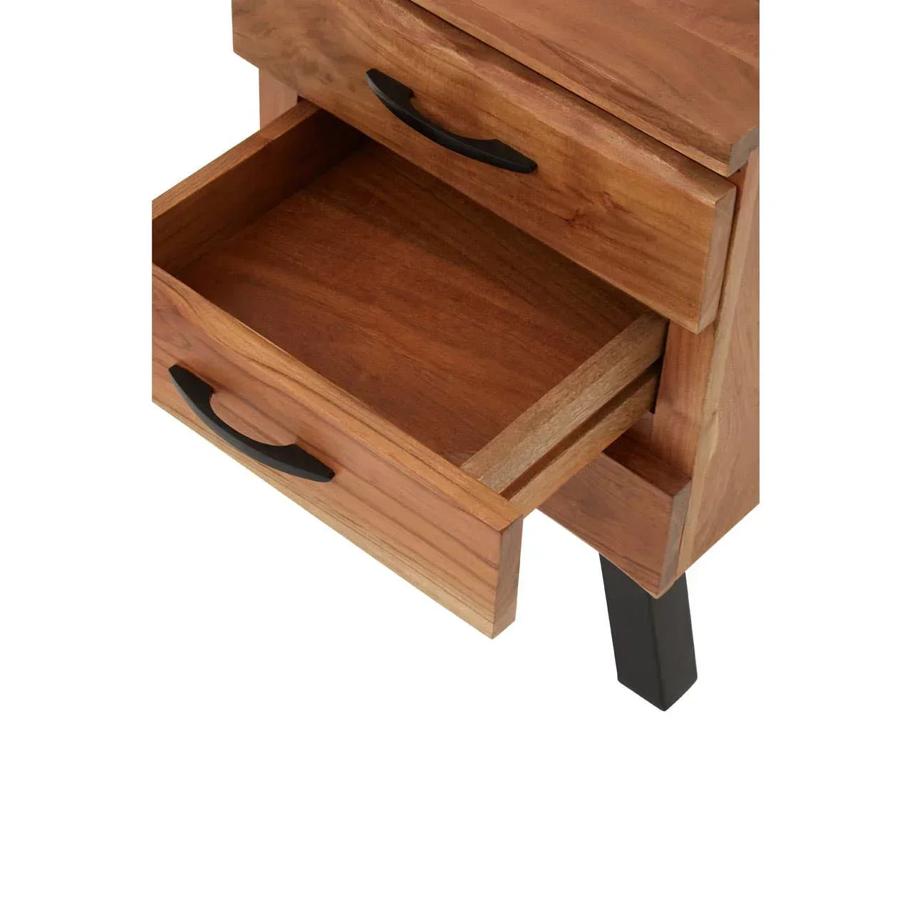 Wooden bedside table with open drawer and black metal handles on angled legs