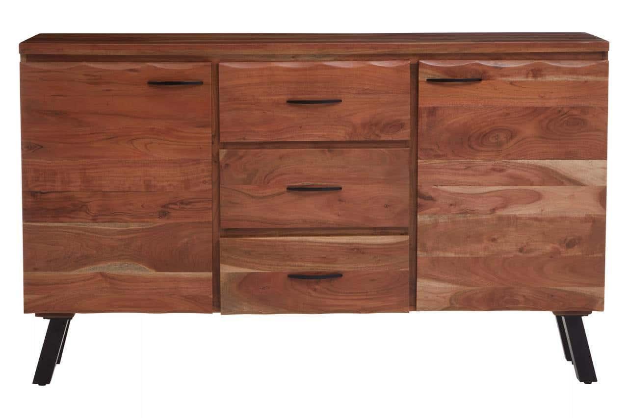 Acacia wood sideboard with black metal legs, four drawers, and two cabinet doors