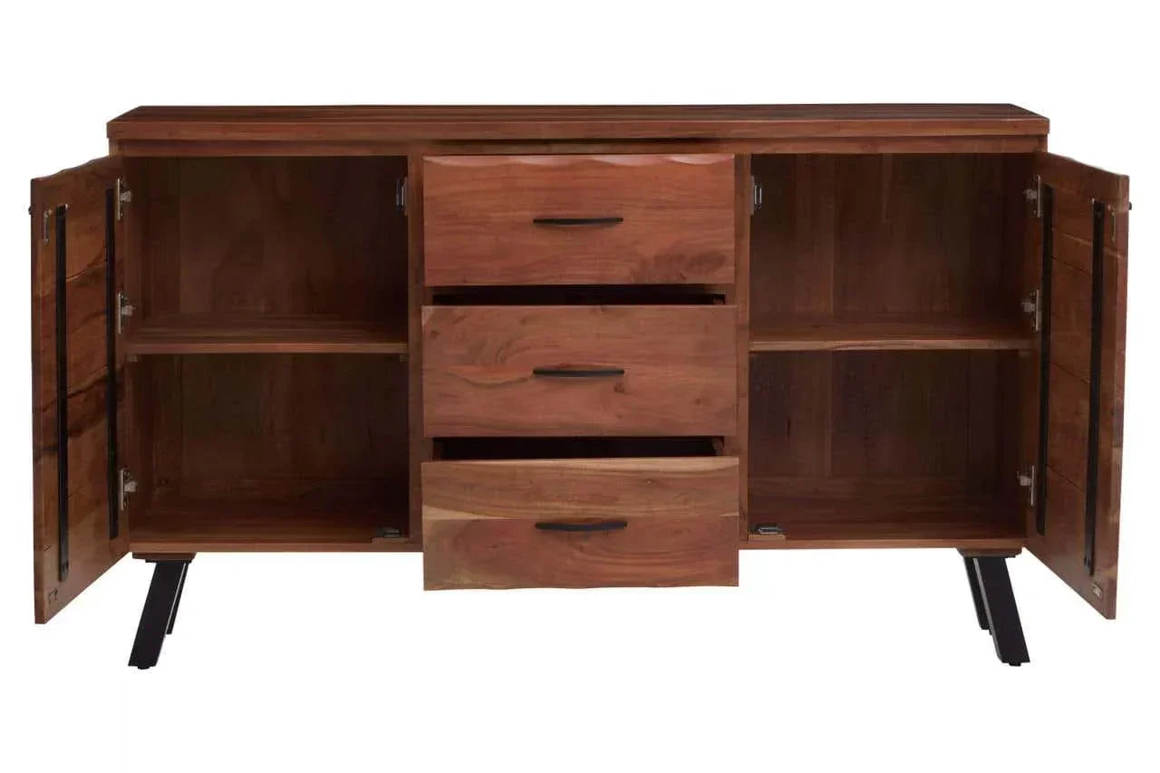 Wooden sideboard with three central drawers and two open cupboard doors on black legs