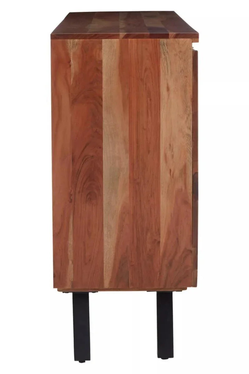 Side view of wooden sideboard with natural wood grain and black metal legs