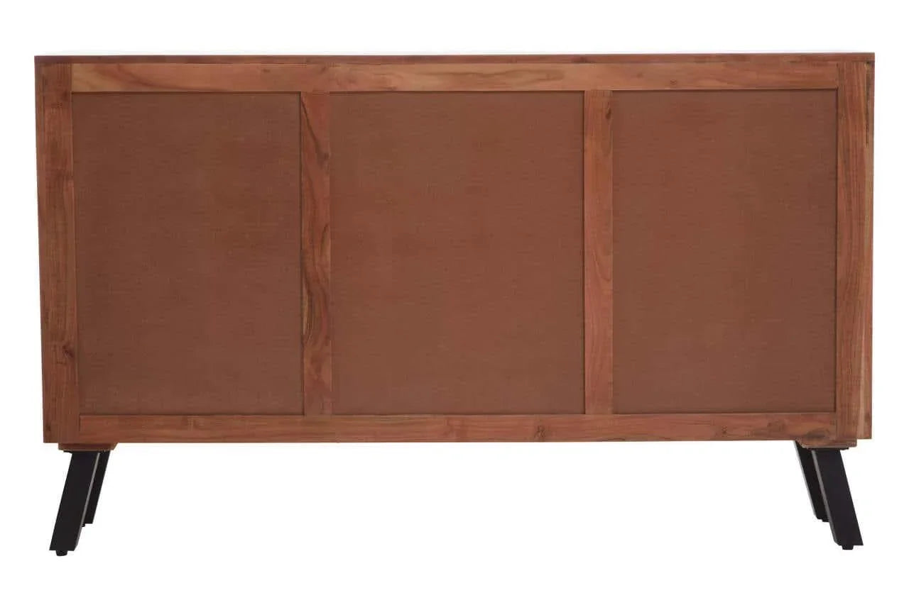 Rear view of wooden sideboard with black angled metal legs and paneled back