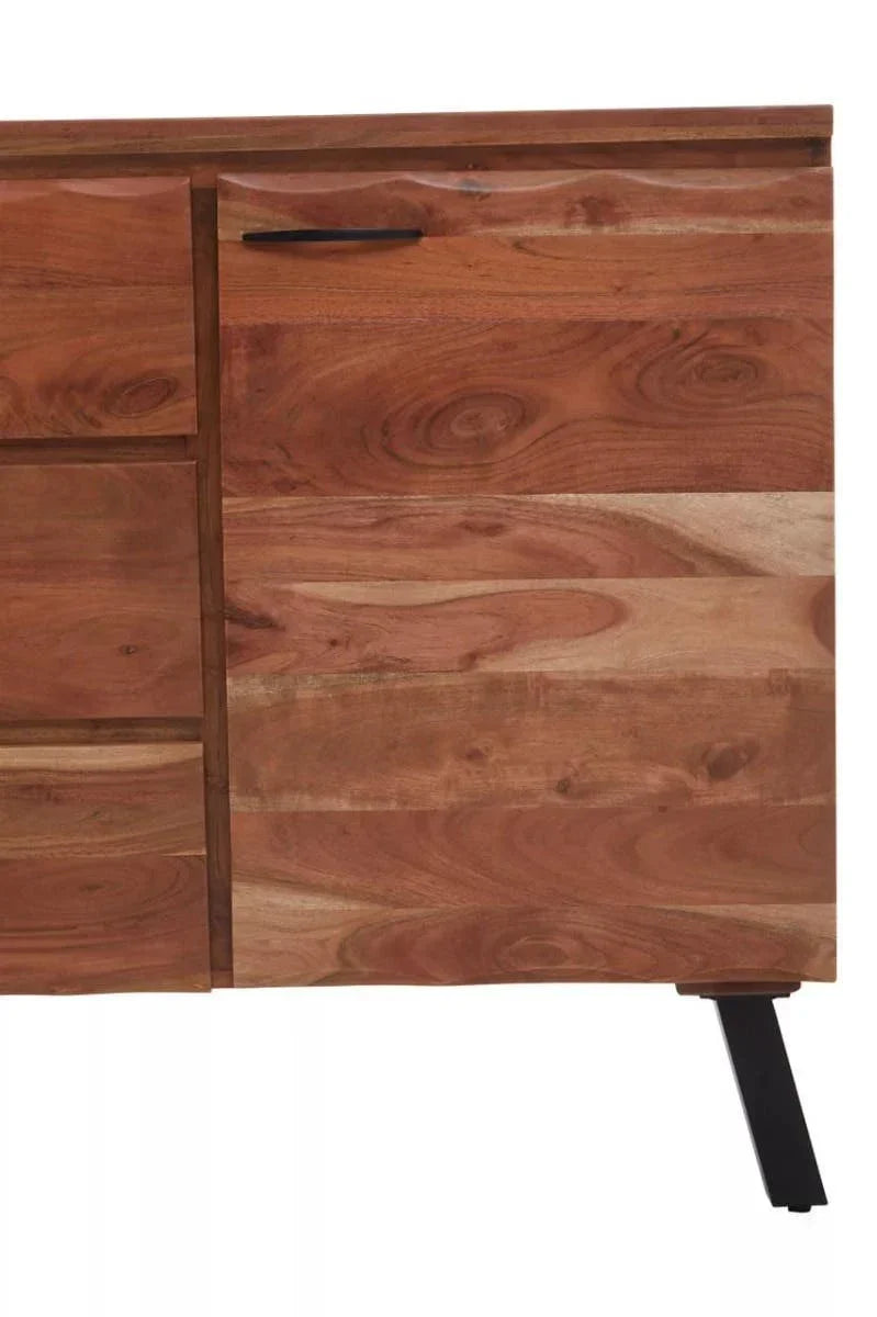 Acacia wood sideboard close-up showing natural grain, black handle and metal leg