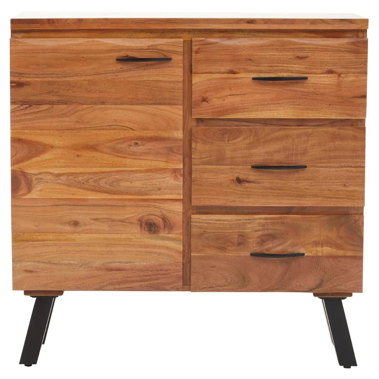 Solid wood sideboard with black metal legs and three drawers, modern handle design